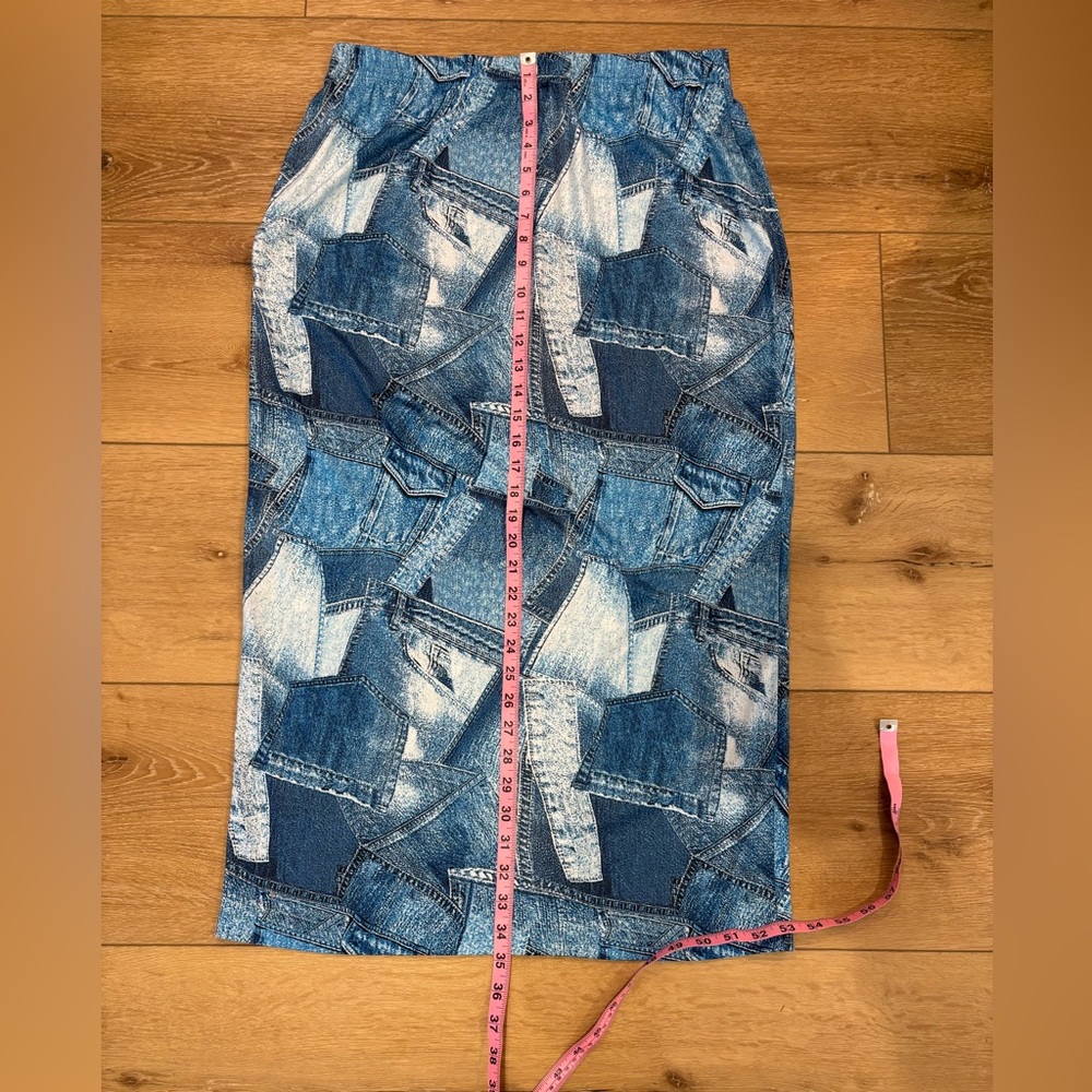 New SHEIN Printed Patchwork Light Denim-look Straight Knit Skirt XL - Picture 6 of 6